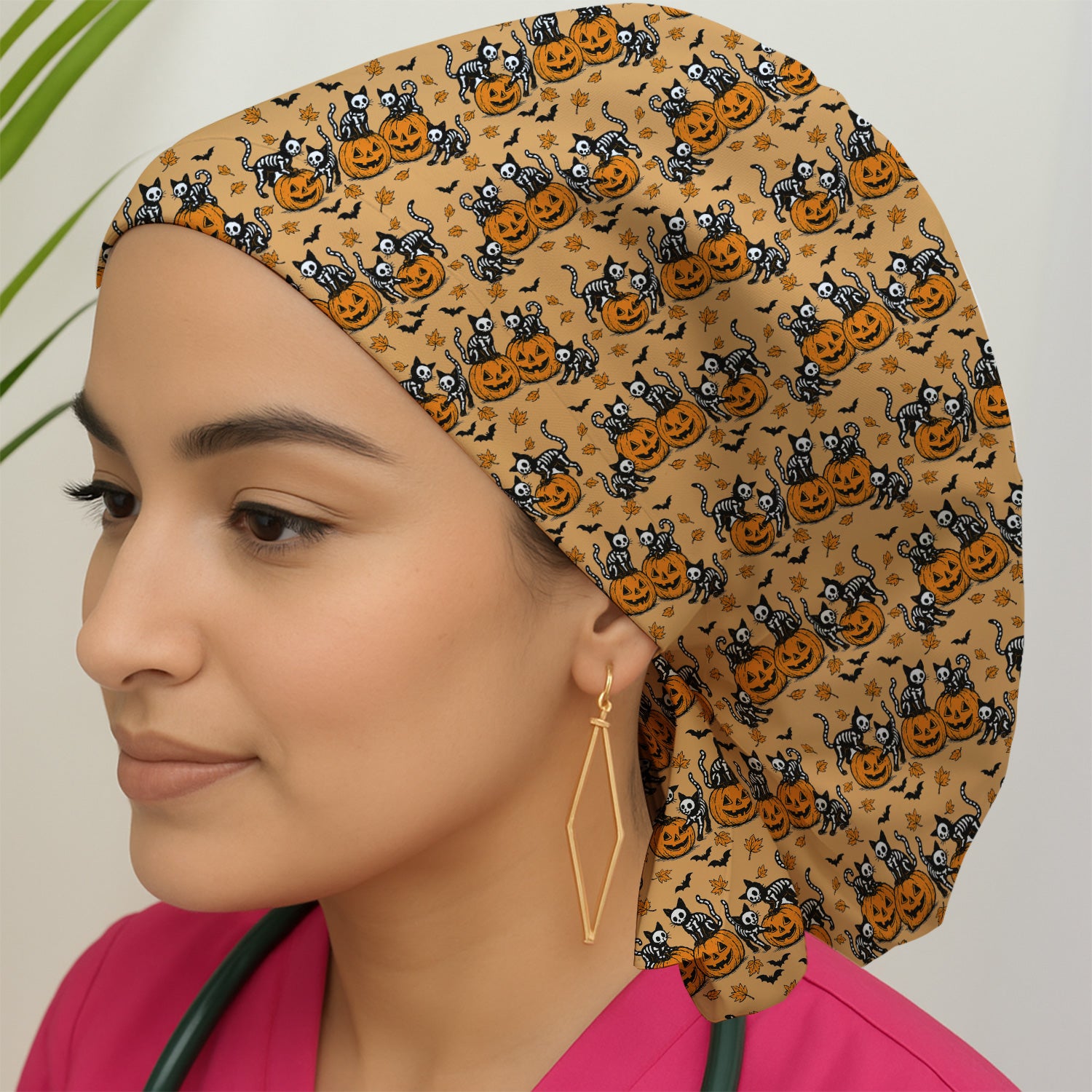 Halloween Skeleton Cat Print Scrub Cap, Surgical Caps for Doctors