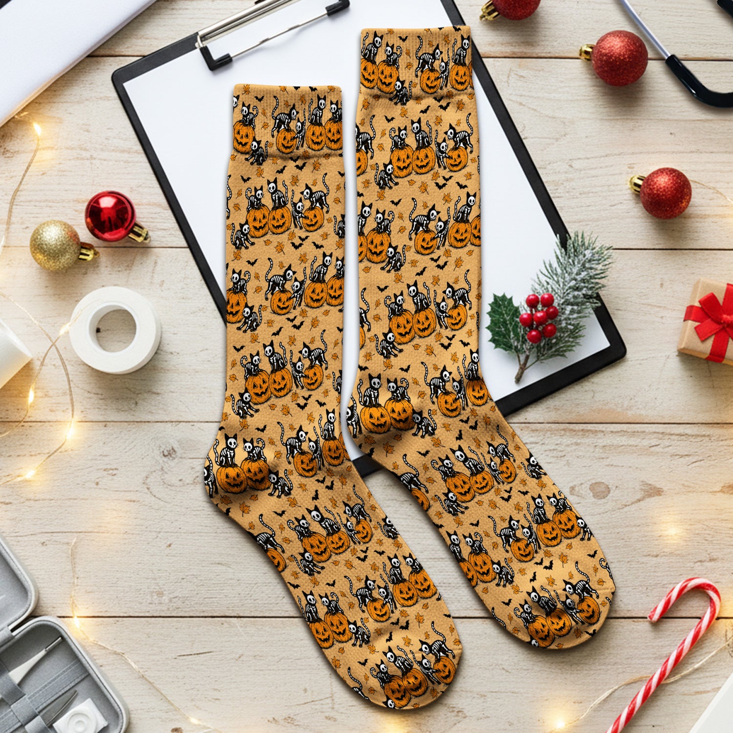 Halloween Skeleton Cat Print Socks, Adult Socks for Men and Women