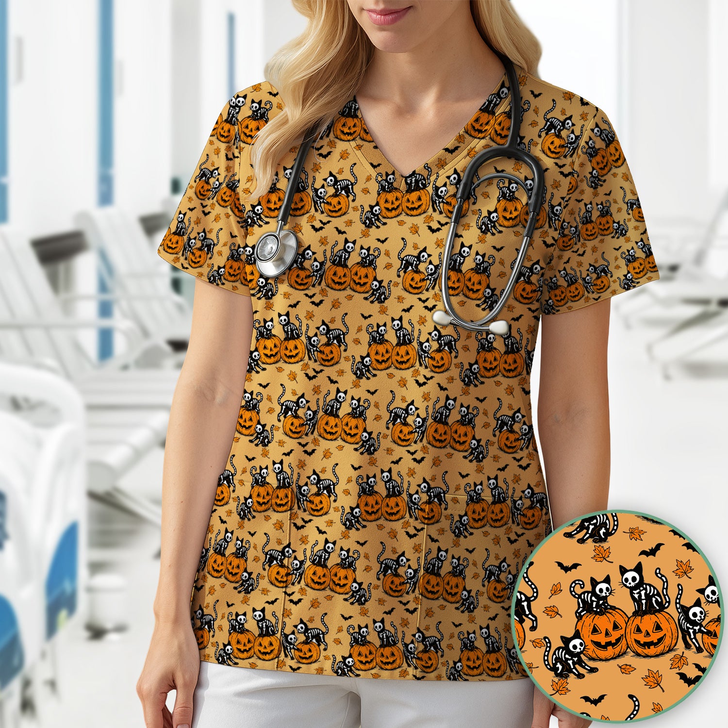 Halloween Skeleton Cat Print Scrub Top, Comfortable Scrubs for Nurses