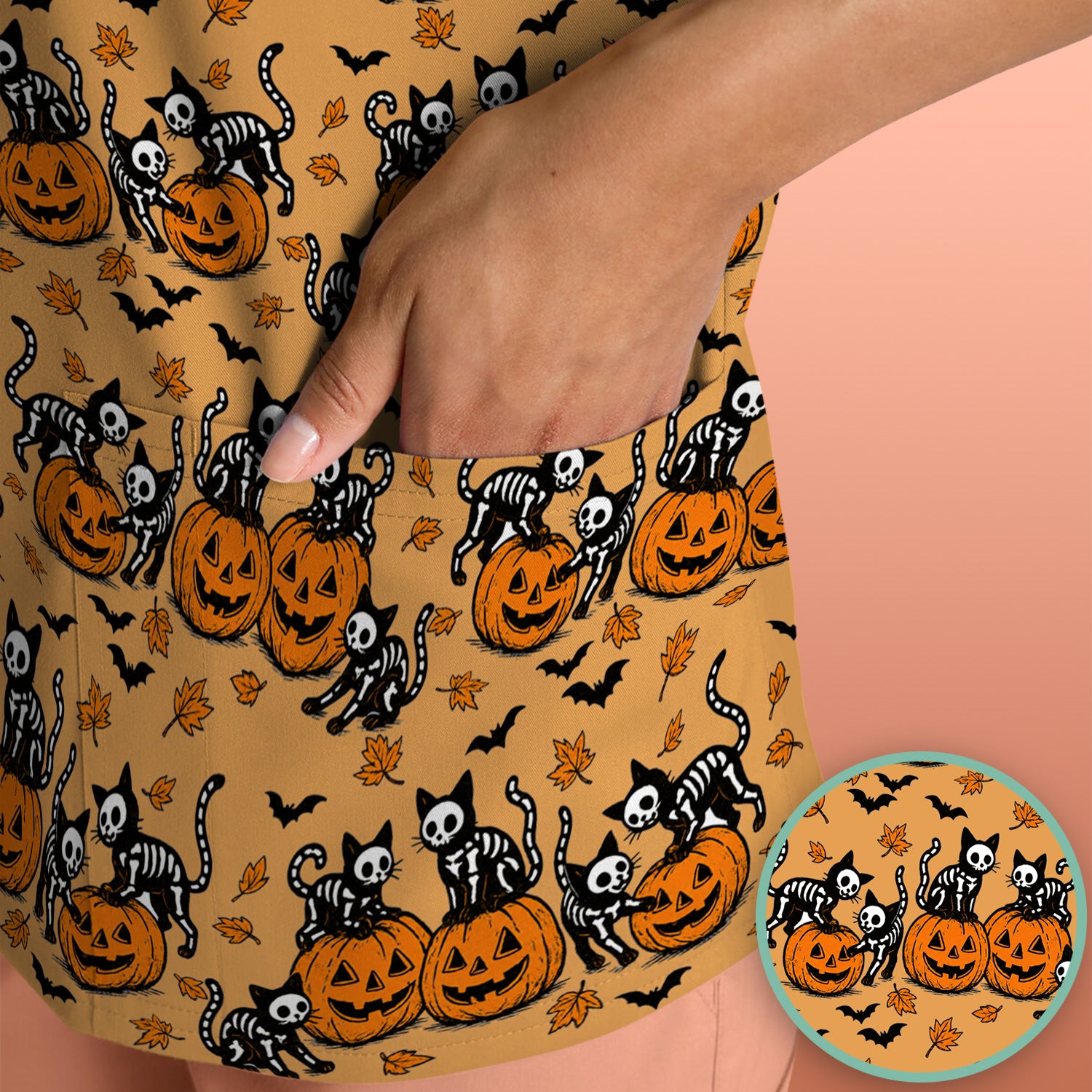 Halloween Skeleton Cat Print Scrub Top, Comfortable Scrubs for Nurses