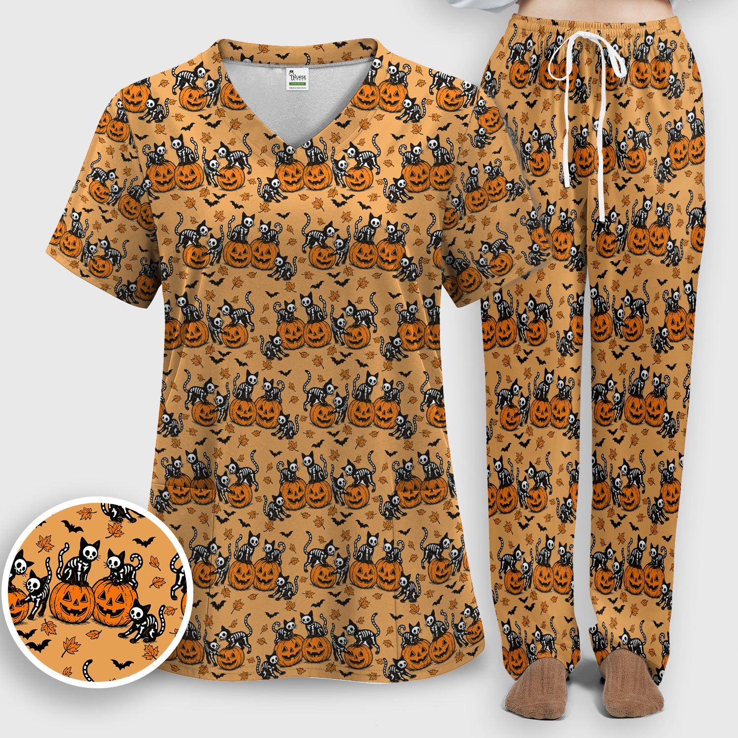 Halloween Skeleton Cat Print Scrub Set, Scrub Pants and V Neck Top