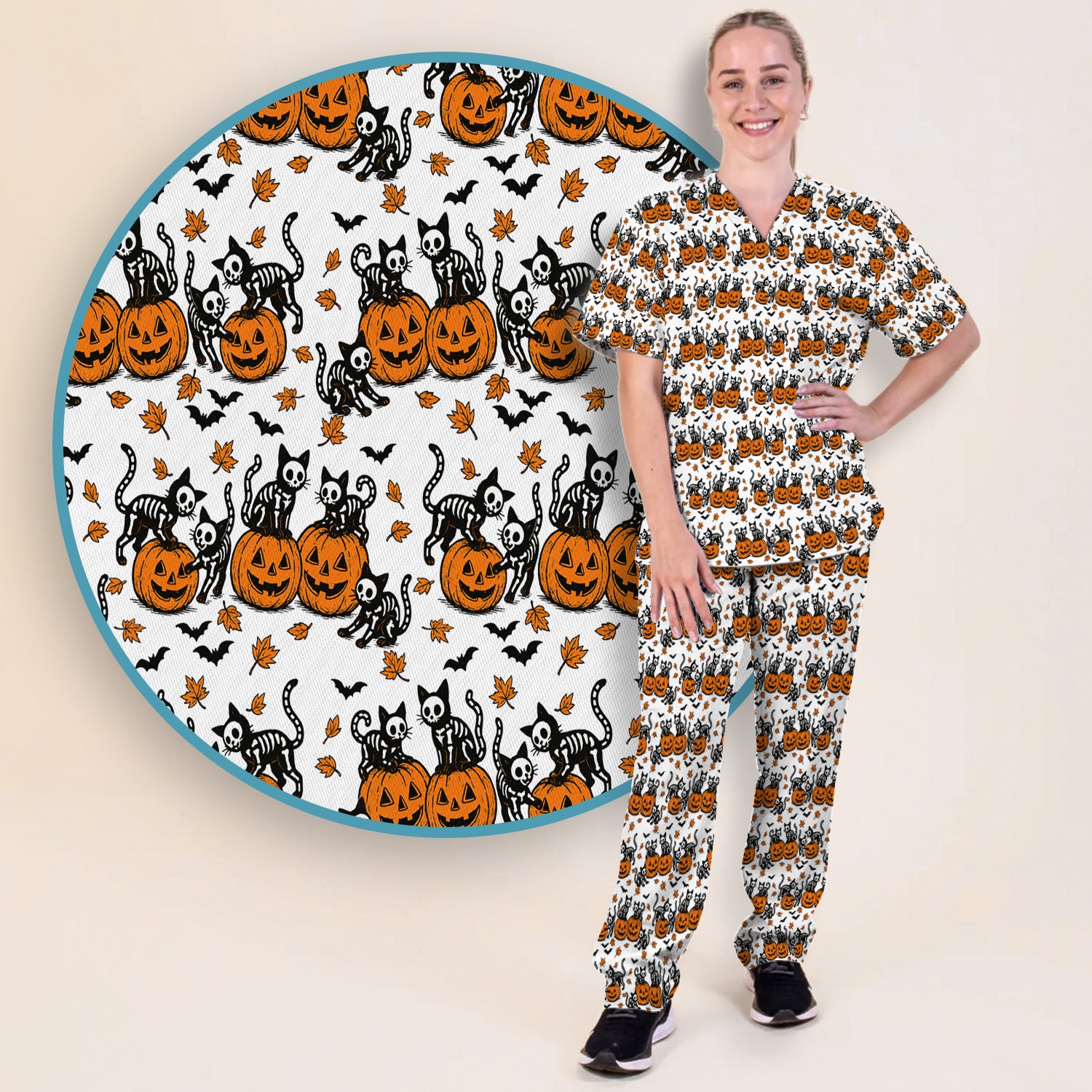 Halloween Skeleton Cat Print Scrub Set, Scrub Pants and V Neck Top