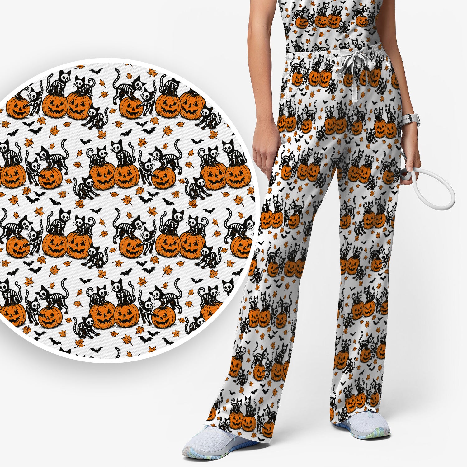Halloween Skeleton Cat Print Scrub Set, Scrub Pants and V Neck Top