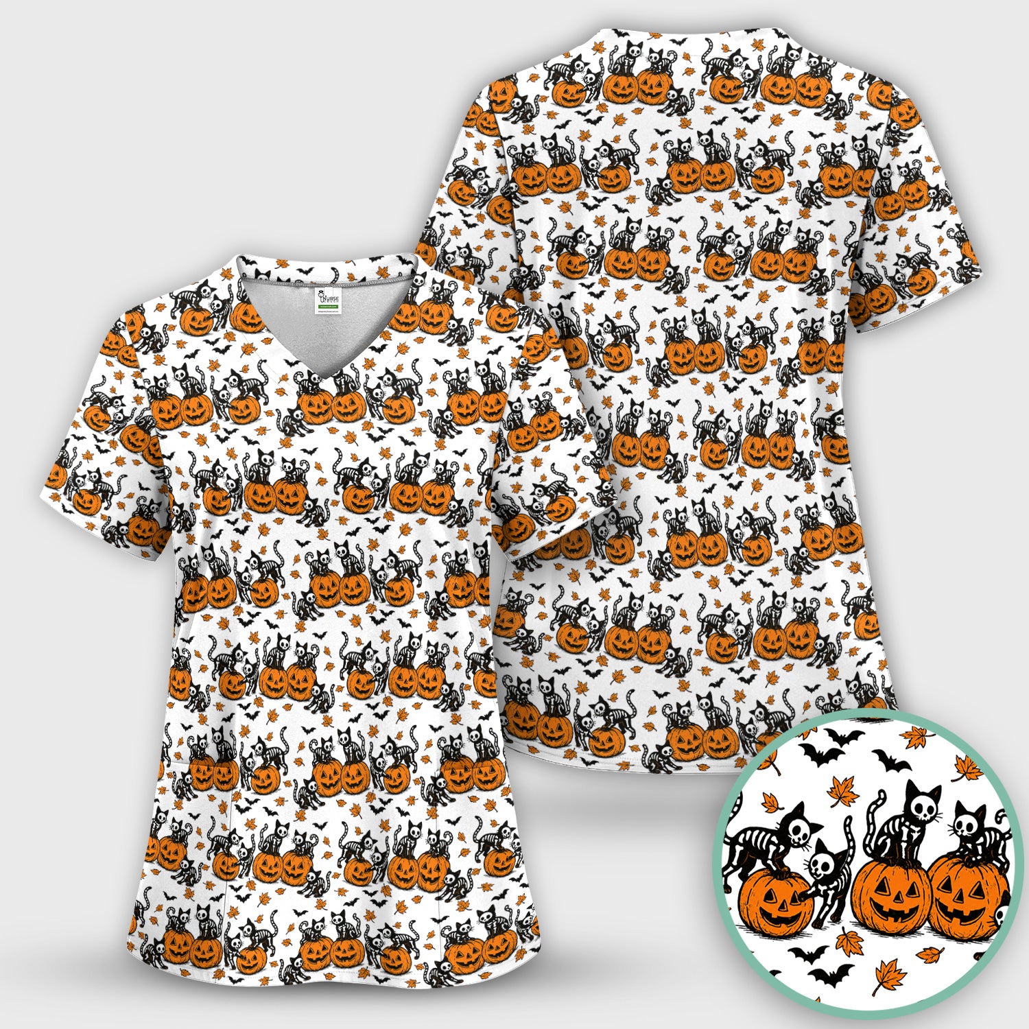 Halloween Skeleton Cat Print Scrub Top, Comfortable Scrubs for Nurses