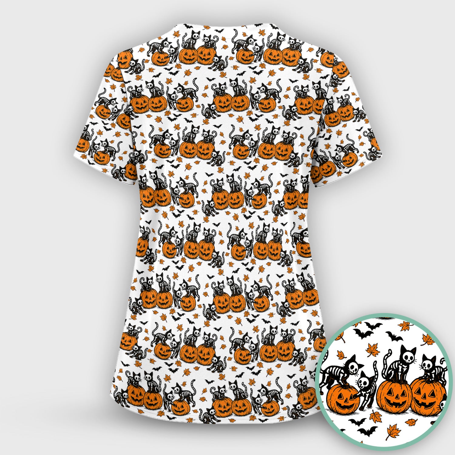 Halloween Skeleton Cat Print Scrub Top, Comfortable Scrubs for Nurses
