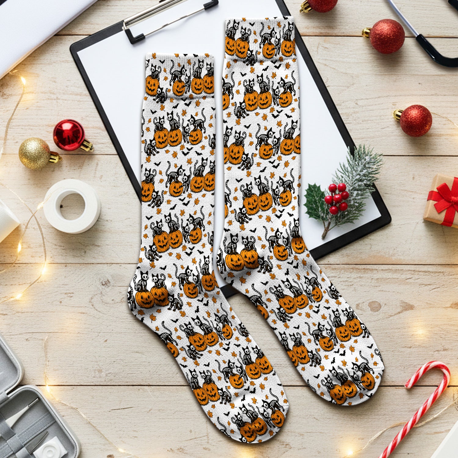 Halloween Skeleton Cat Print Socks, Adult Socks for Men and Women