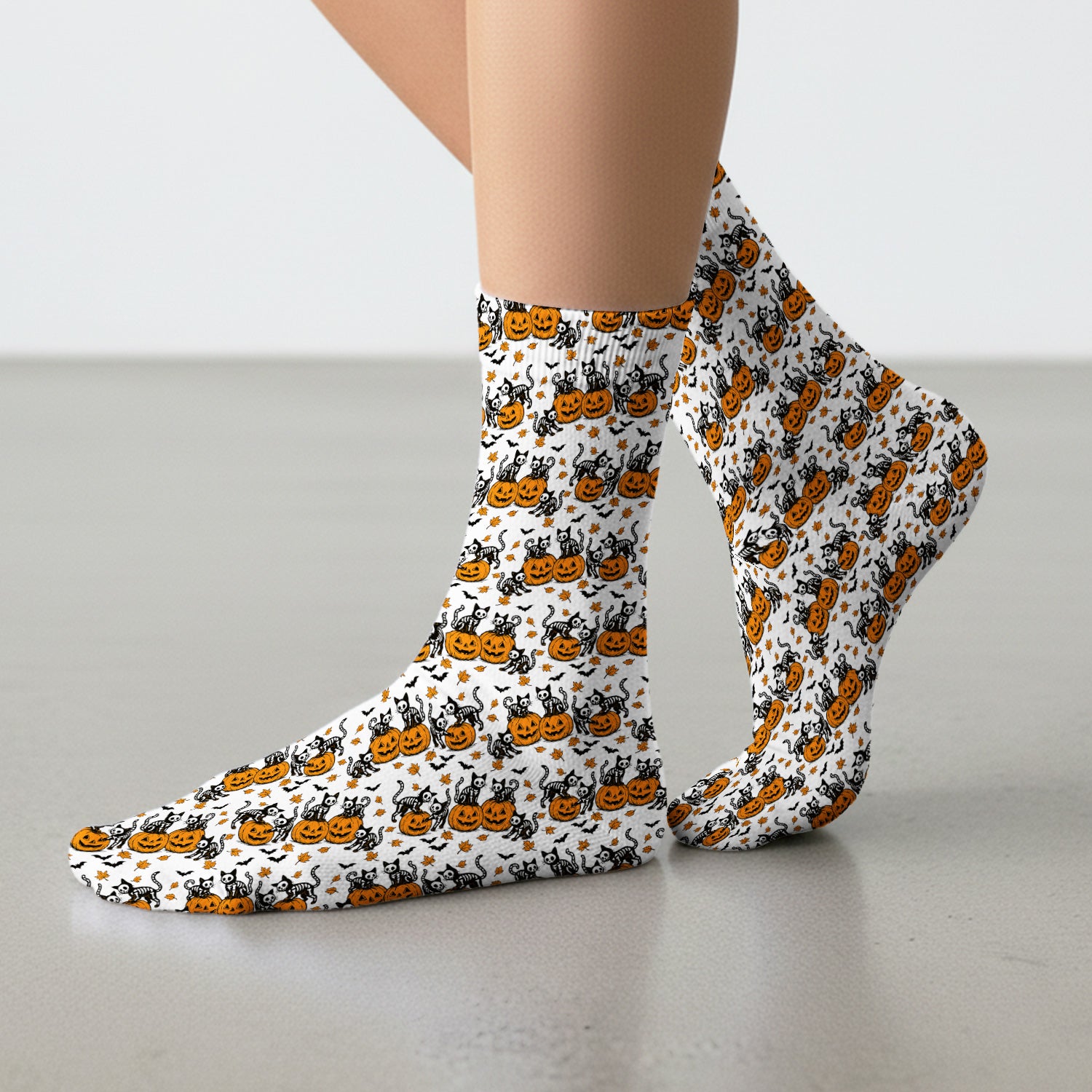 Halloween Skeleton Cat Print Socks, Adult Socks for Men and Women