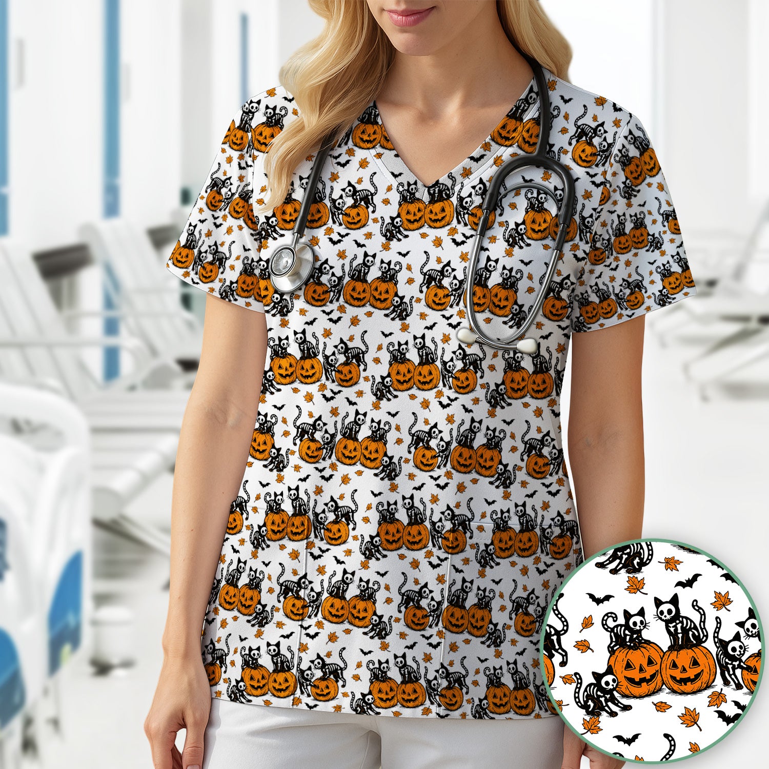 Halloween Skeleton Cat Print Scrub Top, Comfortable Scrubs for Nurses