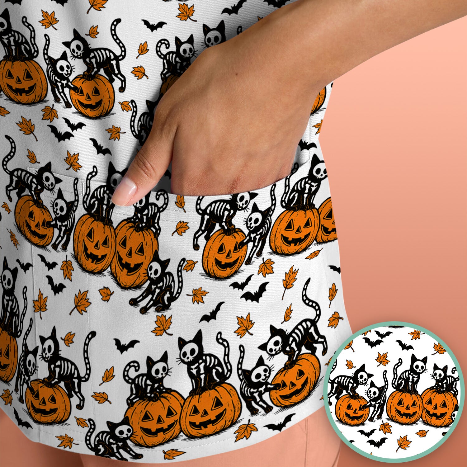 Halloween Skeleton Cat Print Scrub Top, Comfortable Scrubs for Nurses