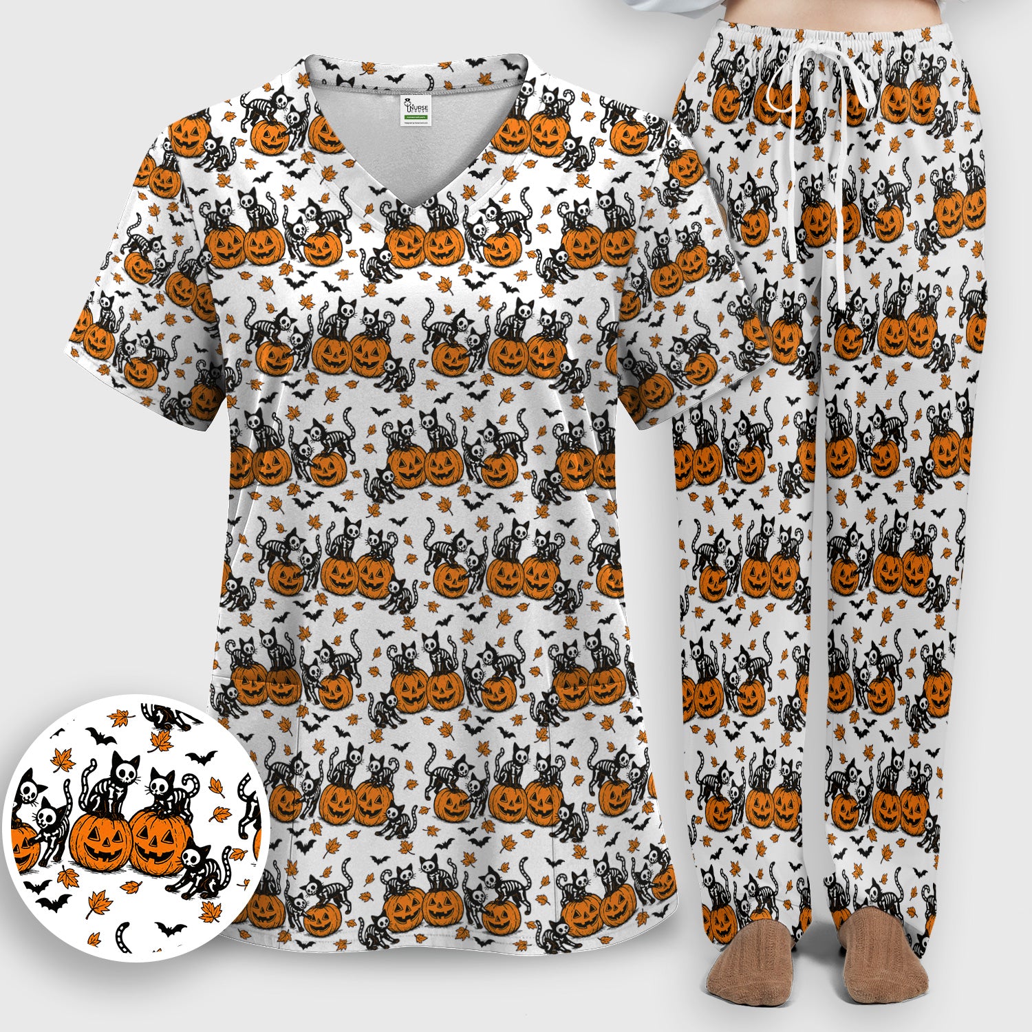 Halloween Skeleton Cat Print Scrub Set, Scrub Pants and V Neck Top
