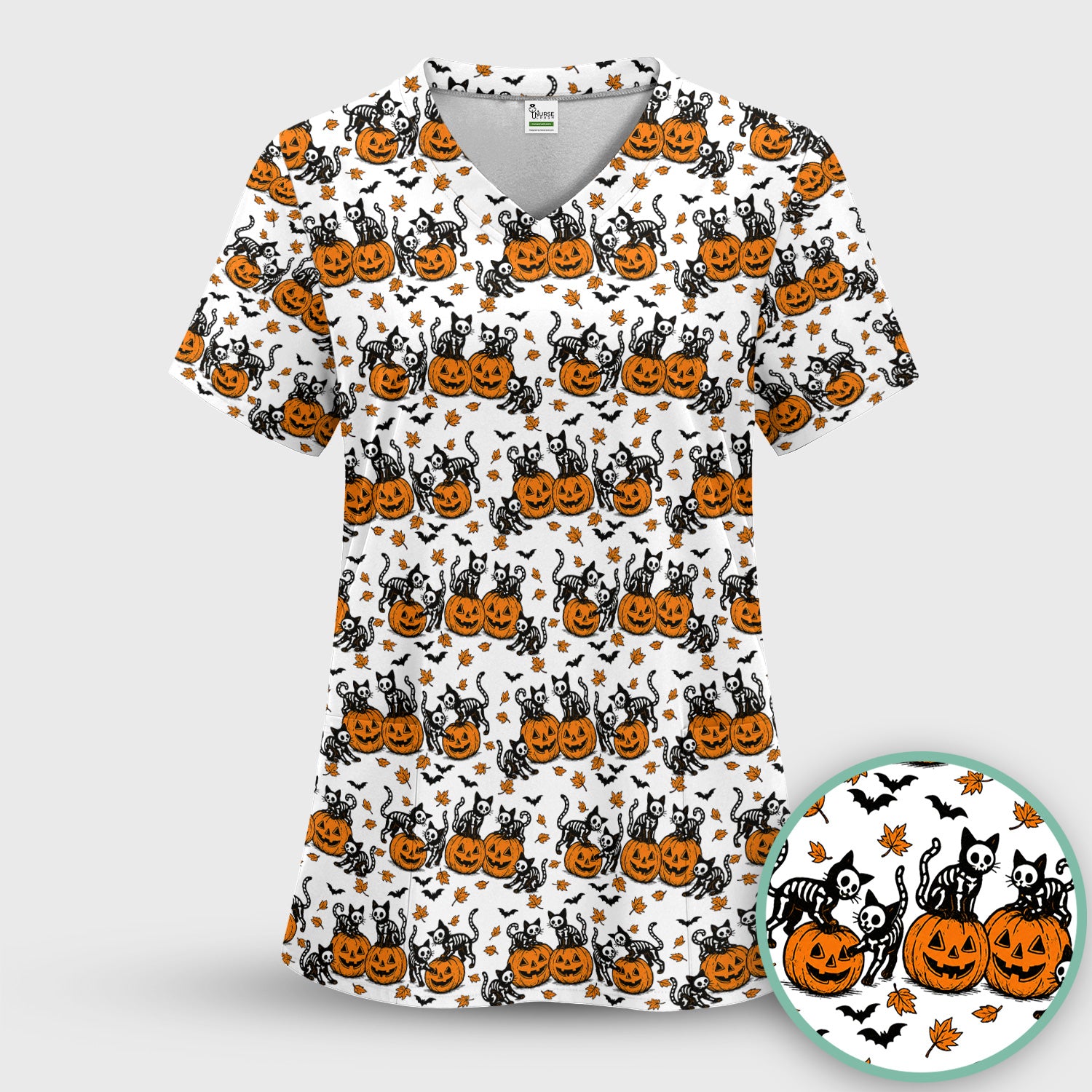 Halloween Skeleton Cat Print Scrub Top, Comfortable Scrubs for Nurses