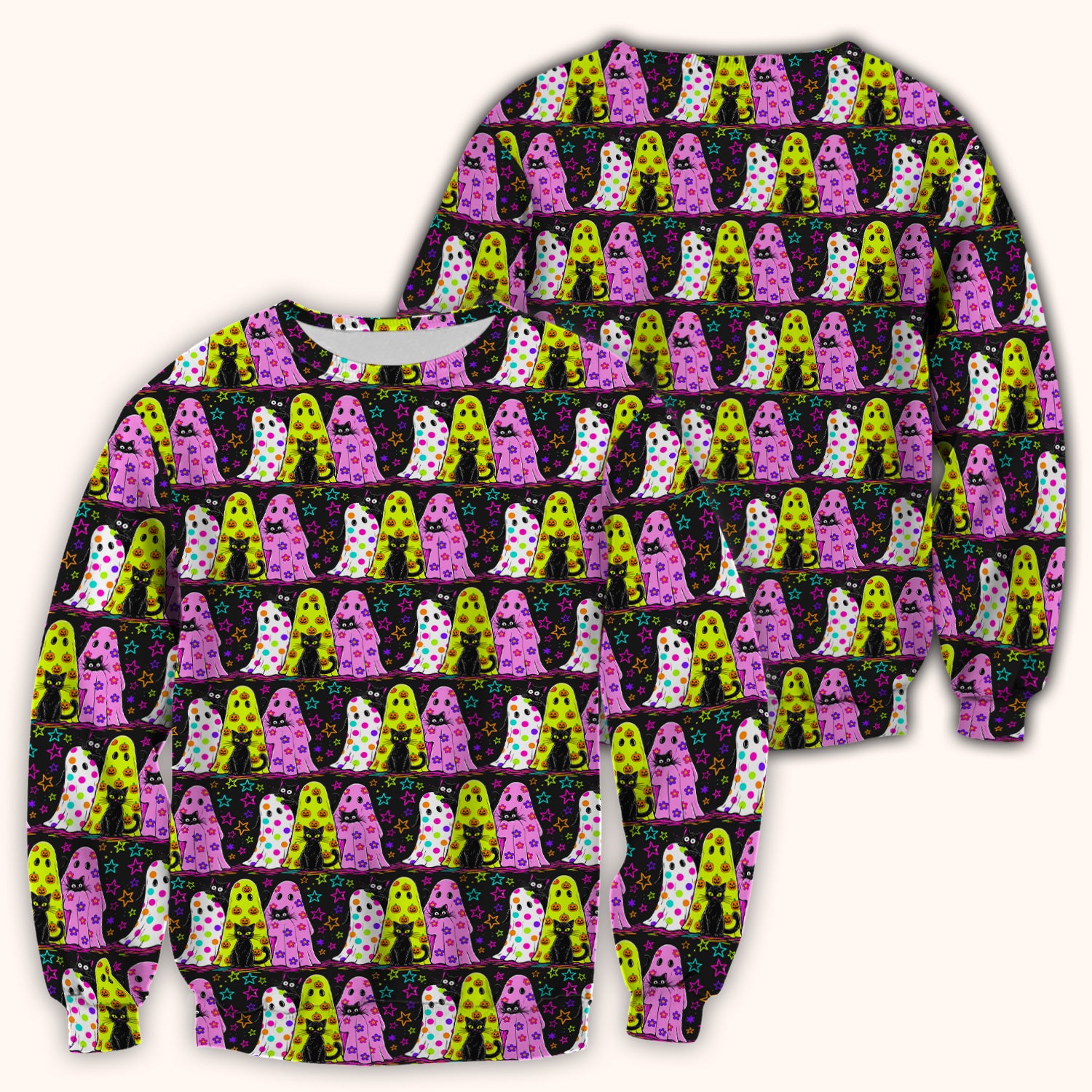 Spooky Halloween Ghost Cat Print Scrub Top, Comfortable Scrubs for Nurses
