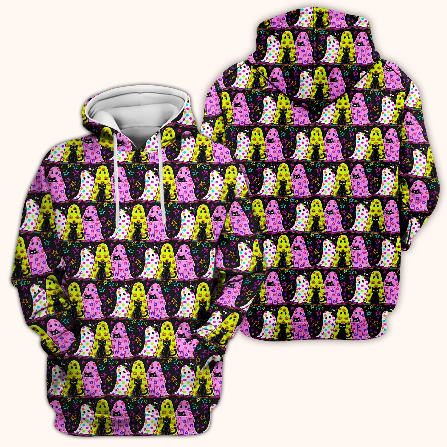 Spooky Halloween Ghost Cat Print Scrub Top, Comfortable Scrubs for Nurses