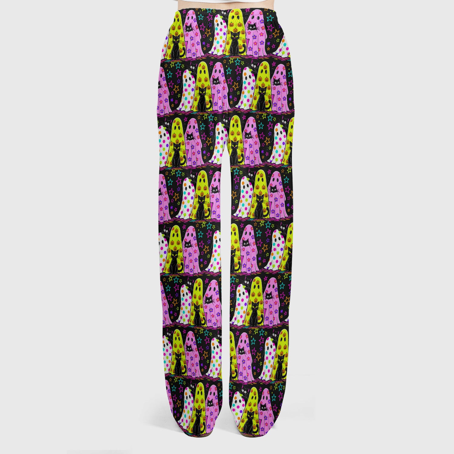 Spooky Halloween Ghost Cat Print Scrub Set, Scrub Pants and V Neck Top