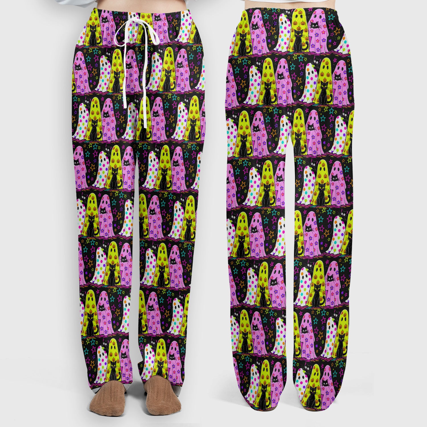 Spooky Halloween Ghost Cat Print Scrub Set, Scrub Pants and V Neck Top