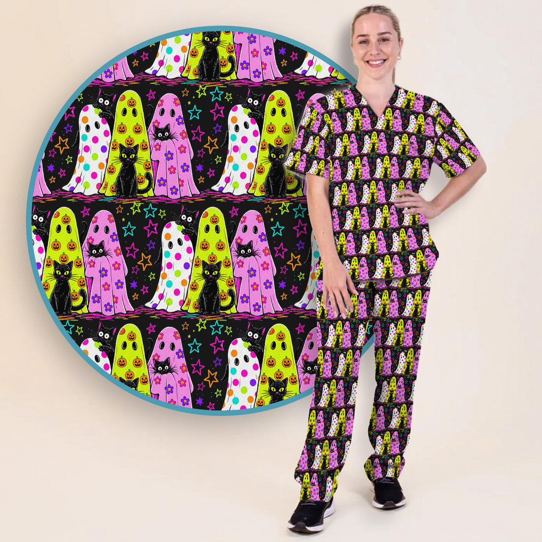 Spooky Halloween Ghost Cat Print Scrub Set, Scrub Pants and V Neck Top