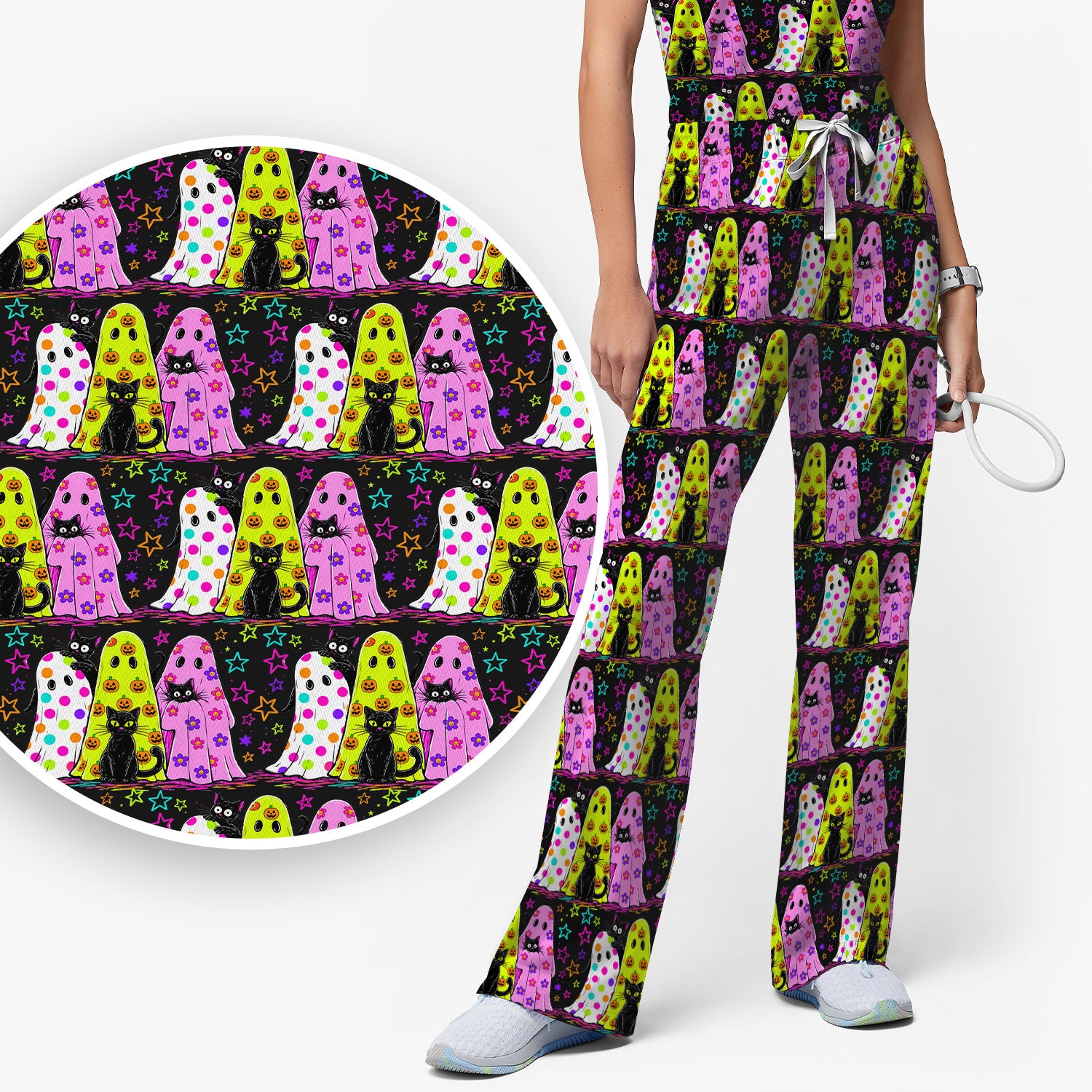 Spooky Halloween Ghost Cat Print Scrub Set, Scrub Pants and V Neck Top