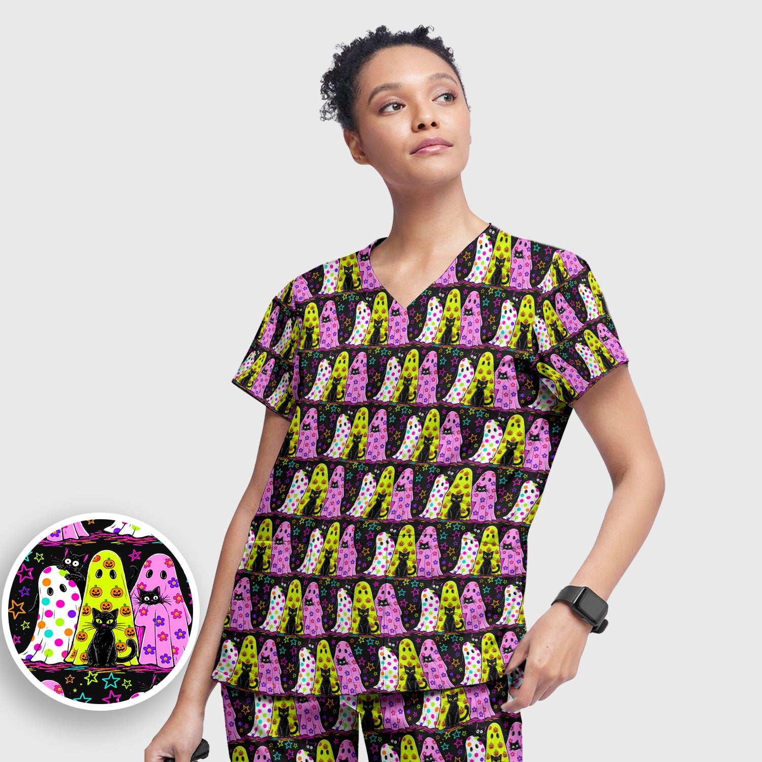 Spooky Halloween Ghost Cat Print Scrub Set, Scrub Pants and V Neck Top
