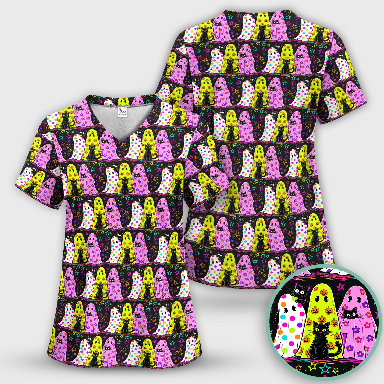 Spooky Halloween Ghost Cat Print Scrub Set, Scrub Pants and V Neck Top
