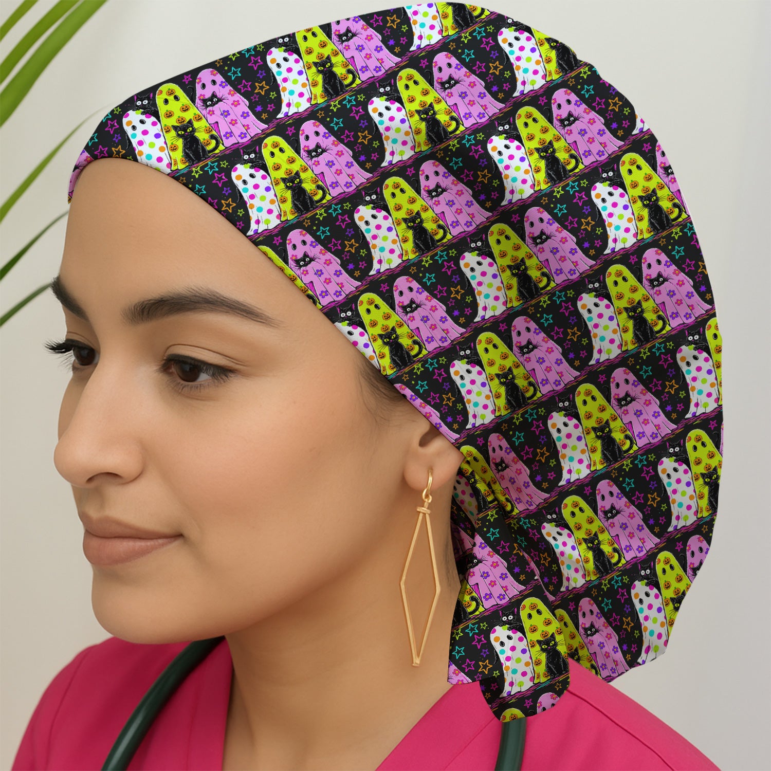 Spooky Halloween Ghost Cat Print Scrub Cap, Surgical Caps for Doctors
