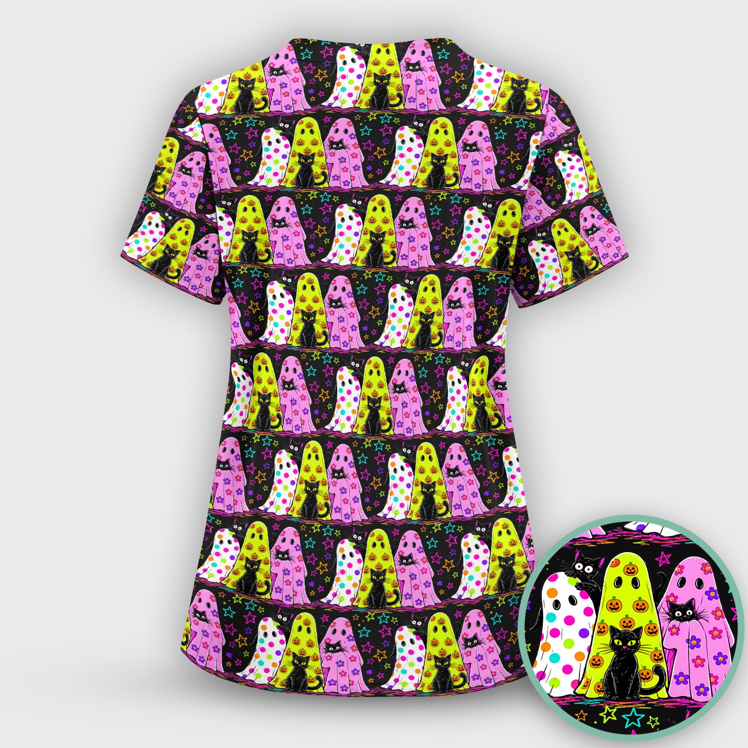 Spooky Halloween Ghost Cat Print Scrub Set, Scrub Pants and V Neck Top