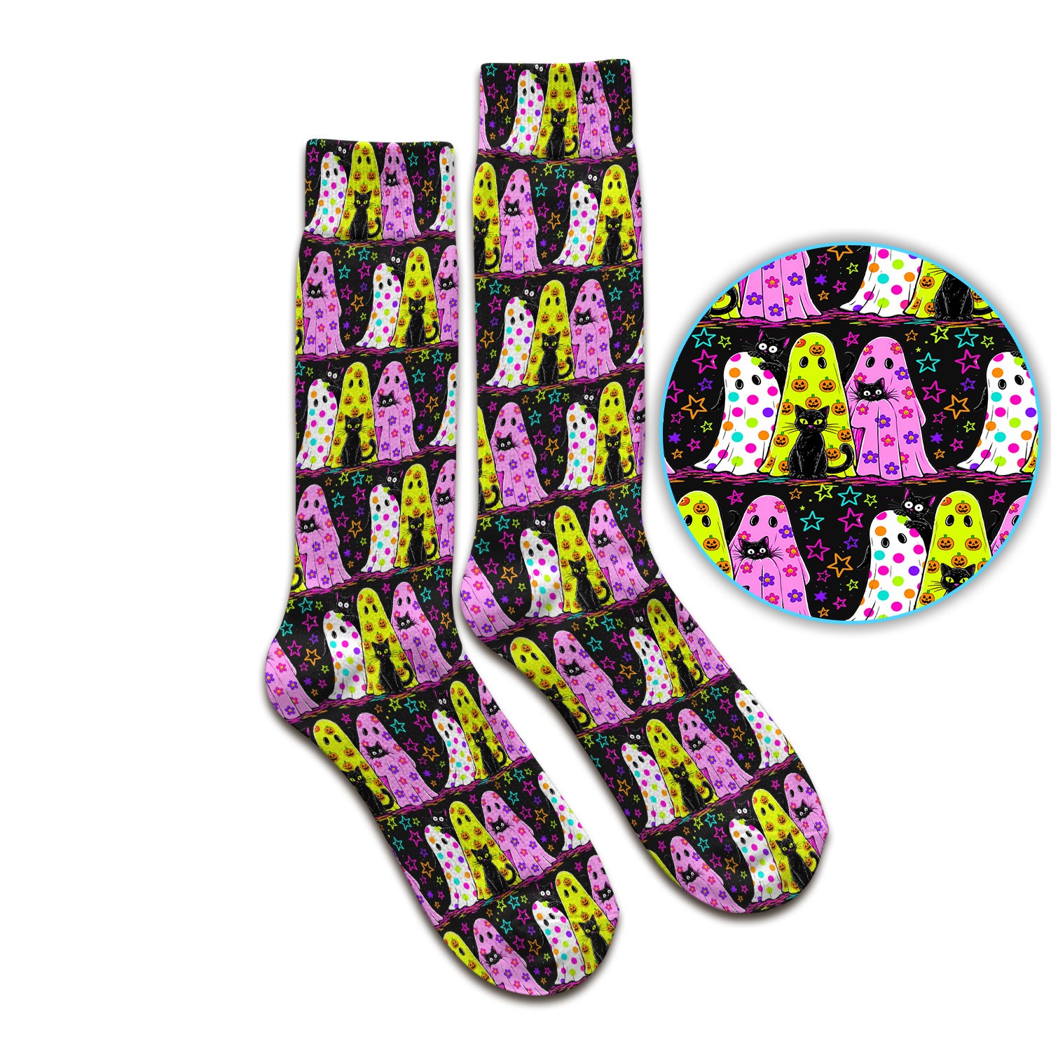 Spooky Halloween Ghost Cat Print Socks, Adult Socks for Men and Women