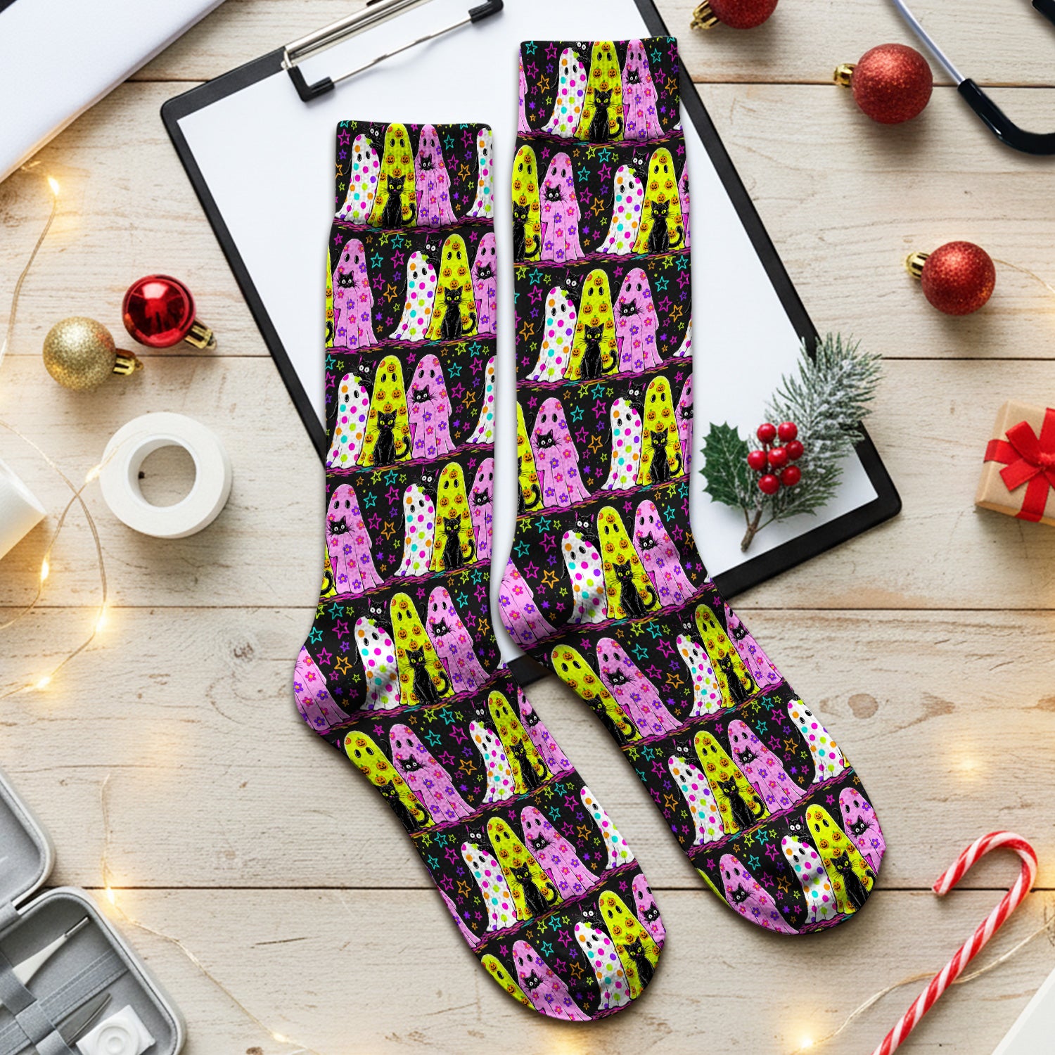 Spooky Halloween Ghost Cat Print Socks, Adult Socks for Men and Women