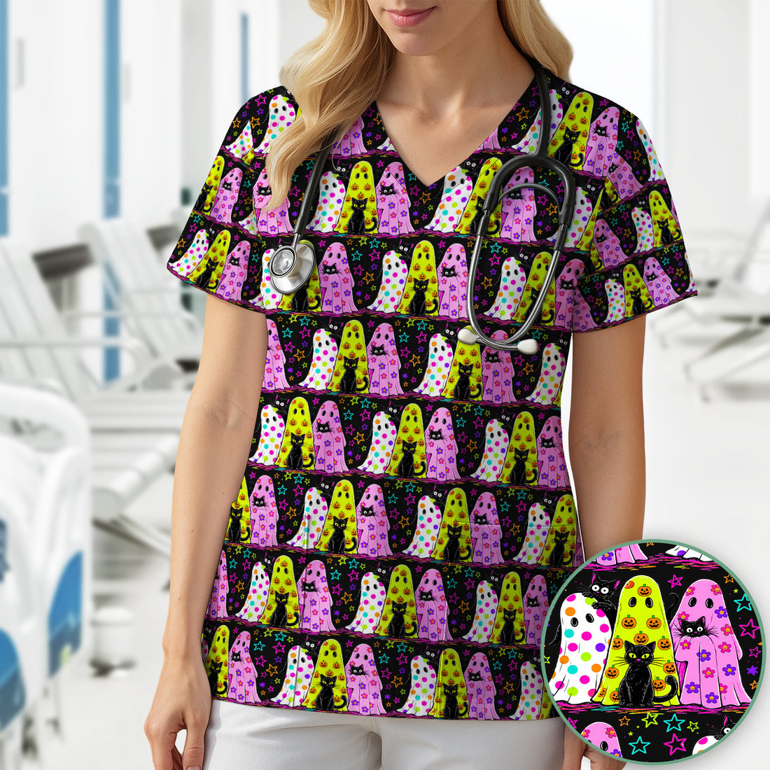 Spooky Halloween Ghost Cat Print Scrub Top, Comfortable Scrubs for Nurses