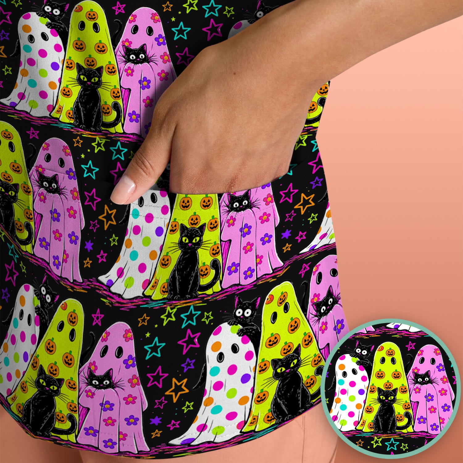 Spooky Halloween Ghost Cat Print Scrub Top, Comfortable Scrubs for Nurses