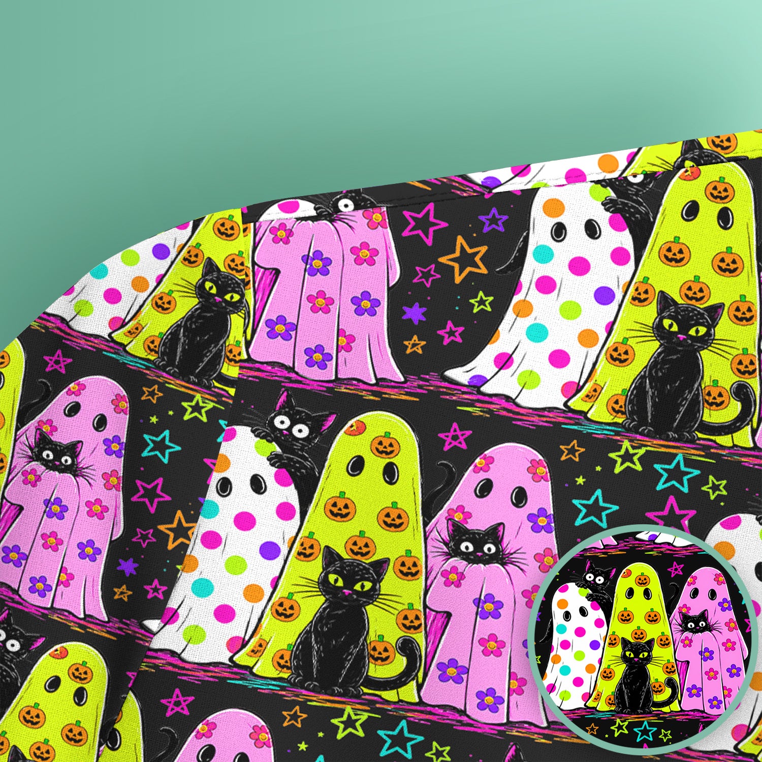 Spooky Halloween Ghost Cat Print Scrub Top, Comfortable Scrubs for Nurses