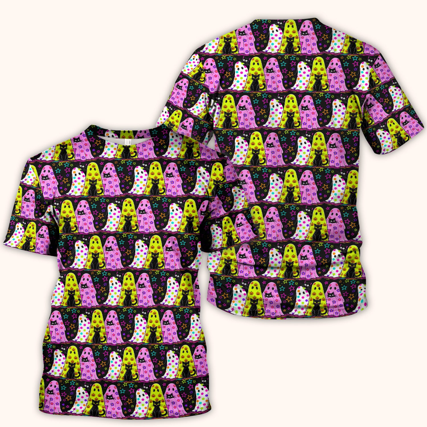 Spooky Halloween Ghost Cat Print Scrub Top, Comfortable Scrubs for Nurses