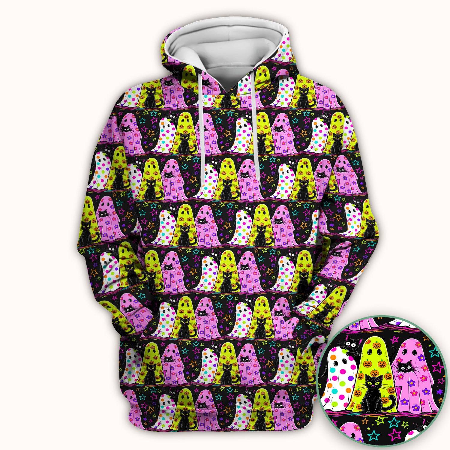 Spooky Halloween Ghost Cat Print Scrub Top, Comfortable Scrubs for Nurses