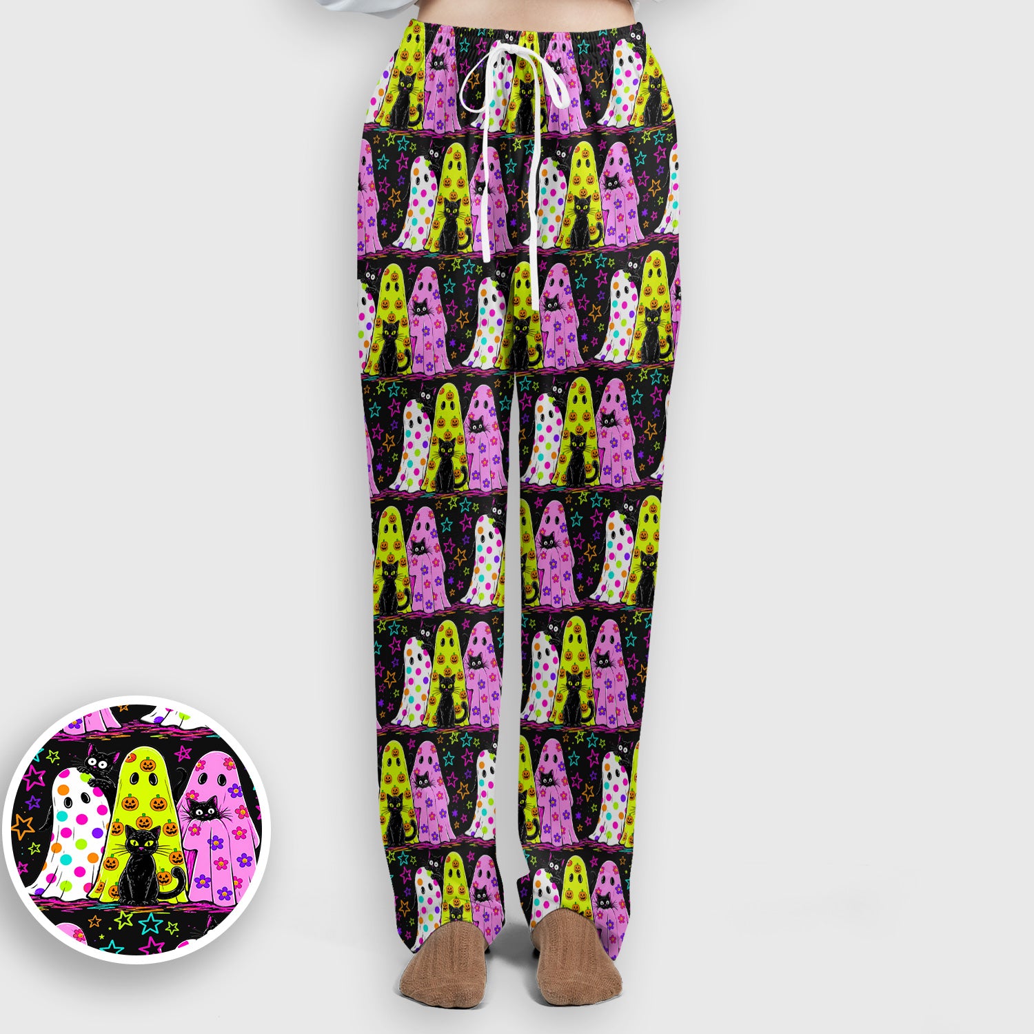 Spooky Halloween Ghost Cat Print Scrub Set, Scrub Pants and V Neck Top