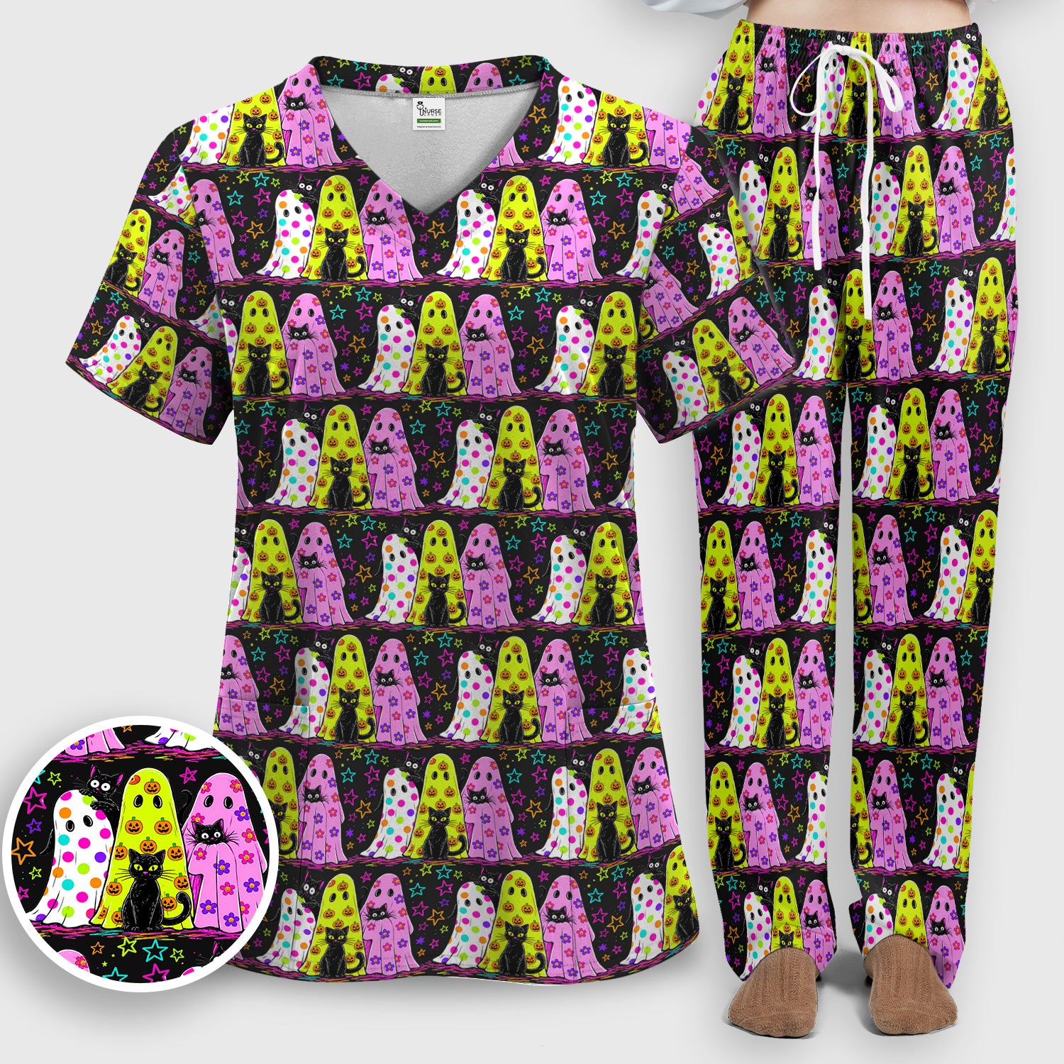 Spooky Halloween Ghost Cat Print Scrub Set, Scrub Pants and V Neck Top