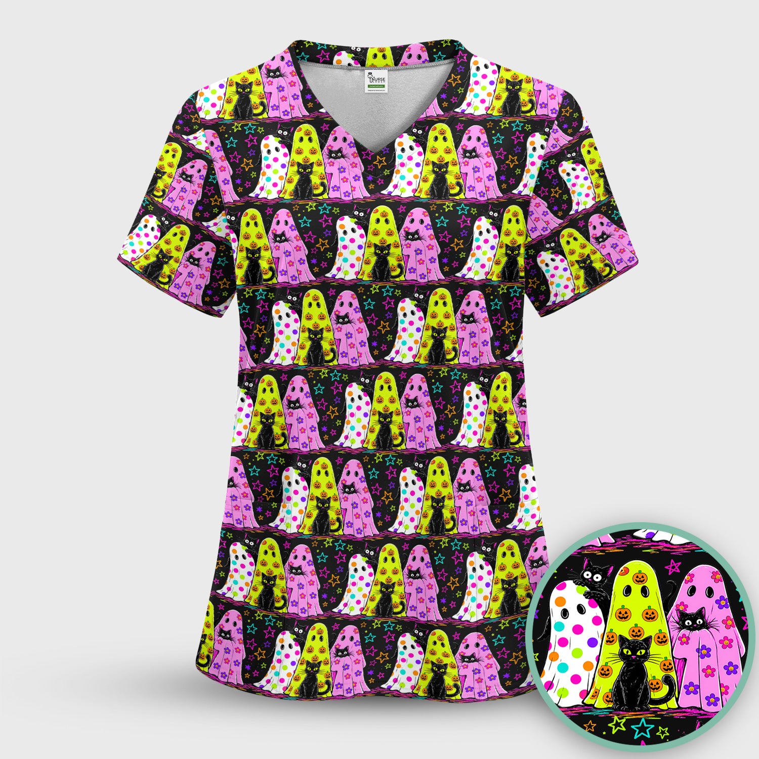 Spooky Halloween Ghost Cat Print Scrub Set, Scrub Pants and V Neck Top