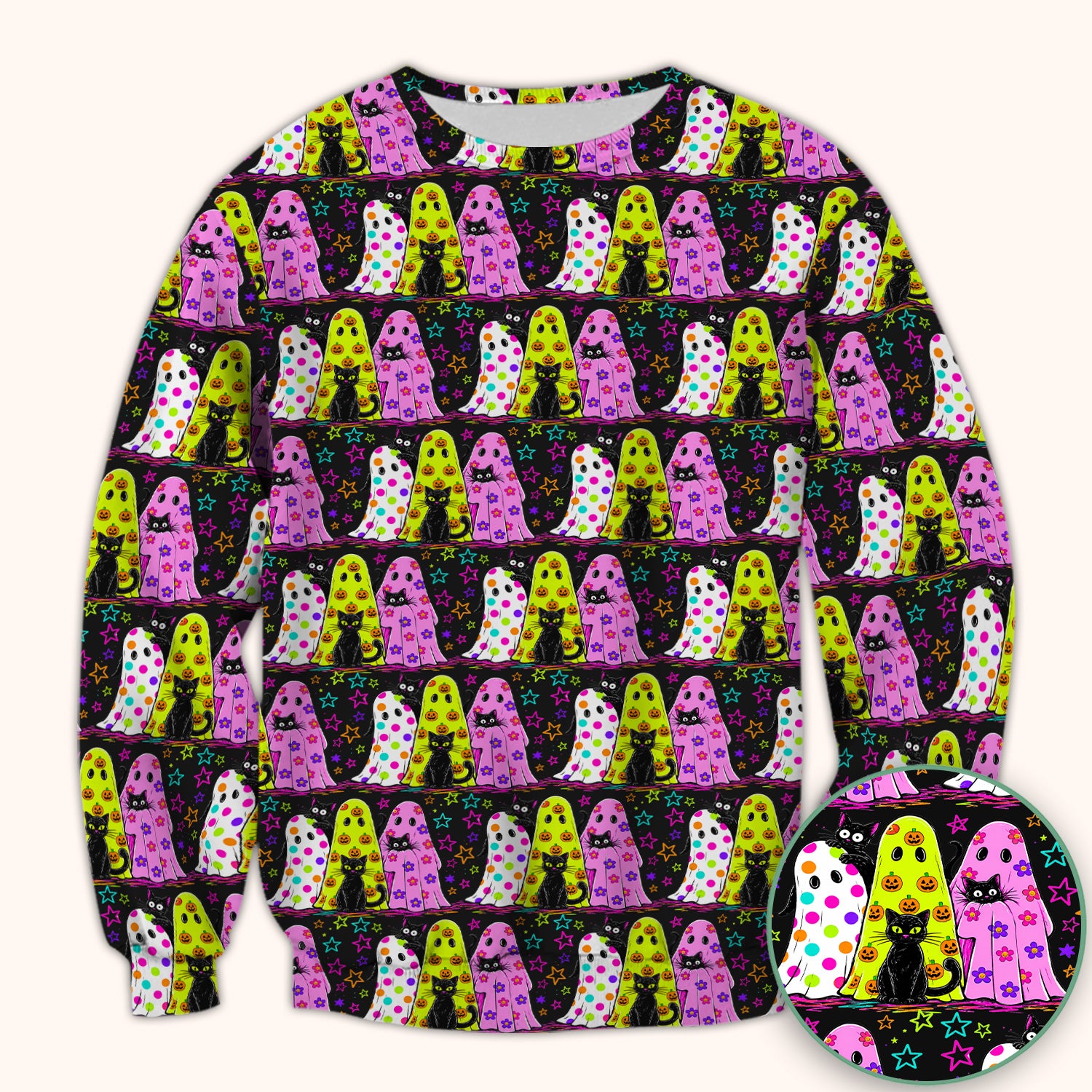 Spooky Halloween Ghost Cat Print Scrub Top, Comfortable Scrubs for Nurses
