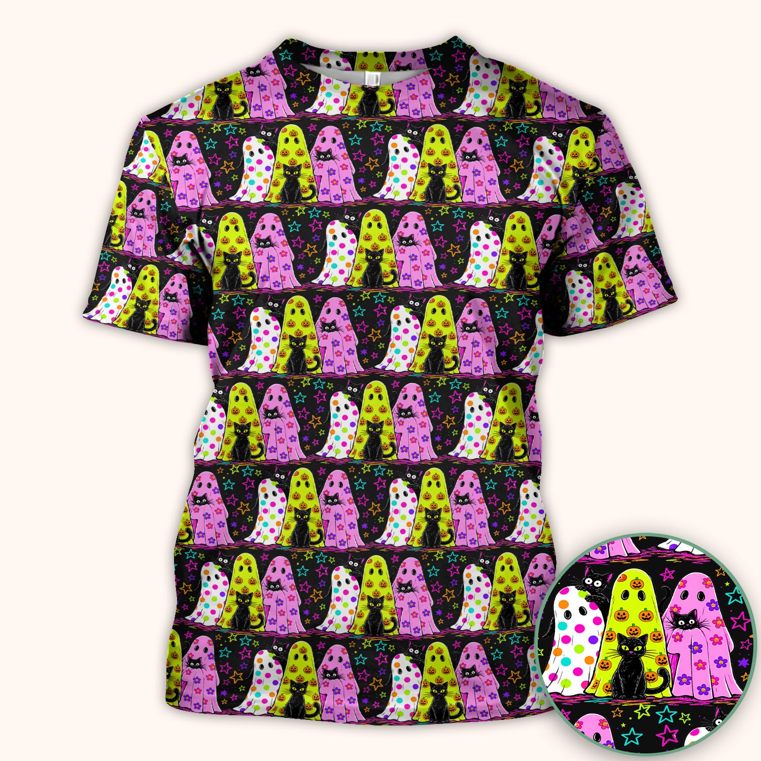 Spooky Halloween Ghost Cat Print Scrub Top, Comfortable Scrubs for Nurses