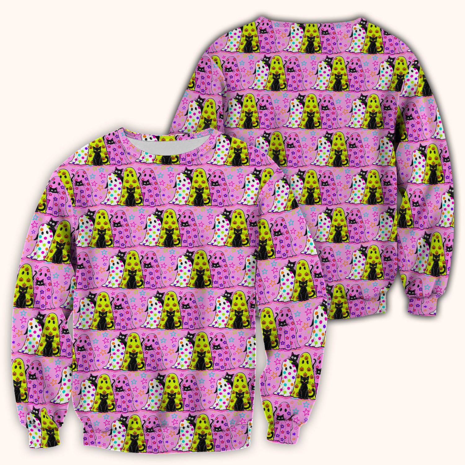 Spooky Halloween Ghost Cat Print Scrub Top, Comfortable Scrubs for Nurses
