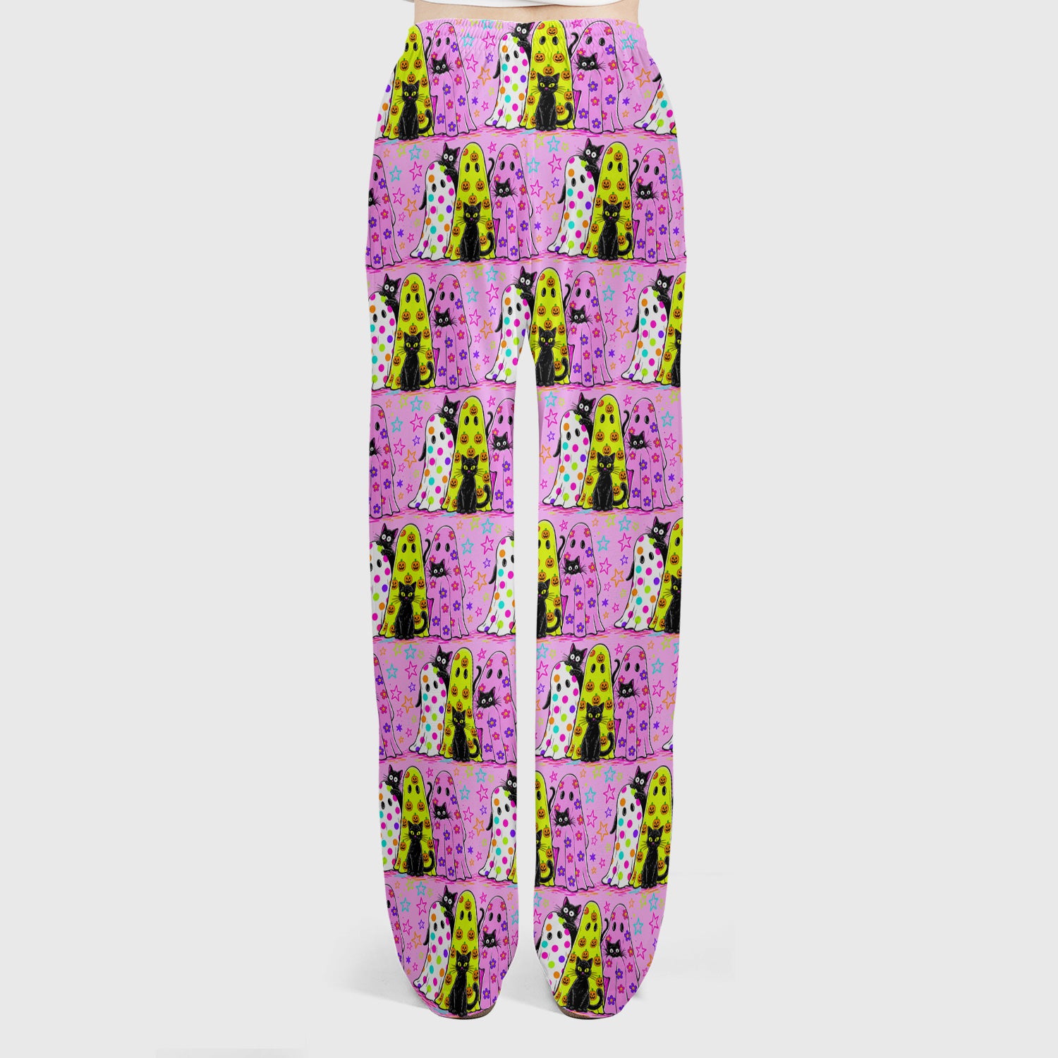 Spooky Halloween Ghost Cat Print Scrub Set, Scrub Pants and V Neck Top