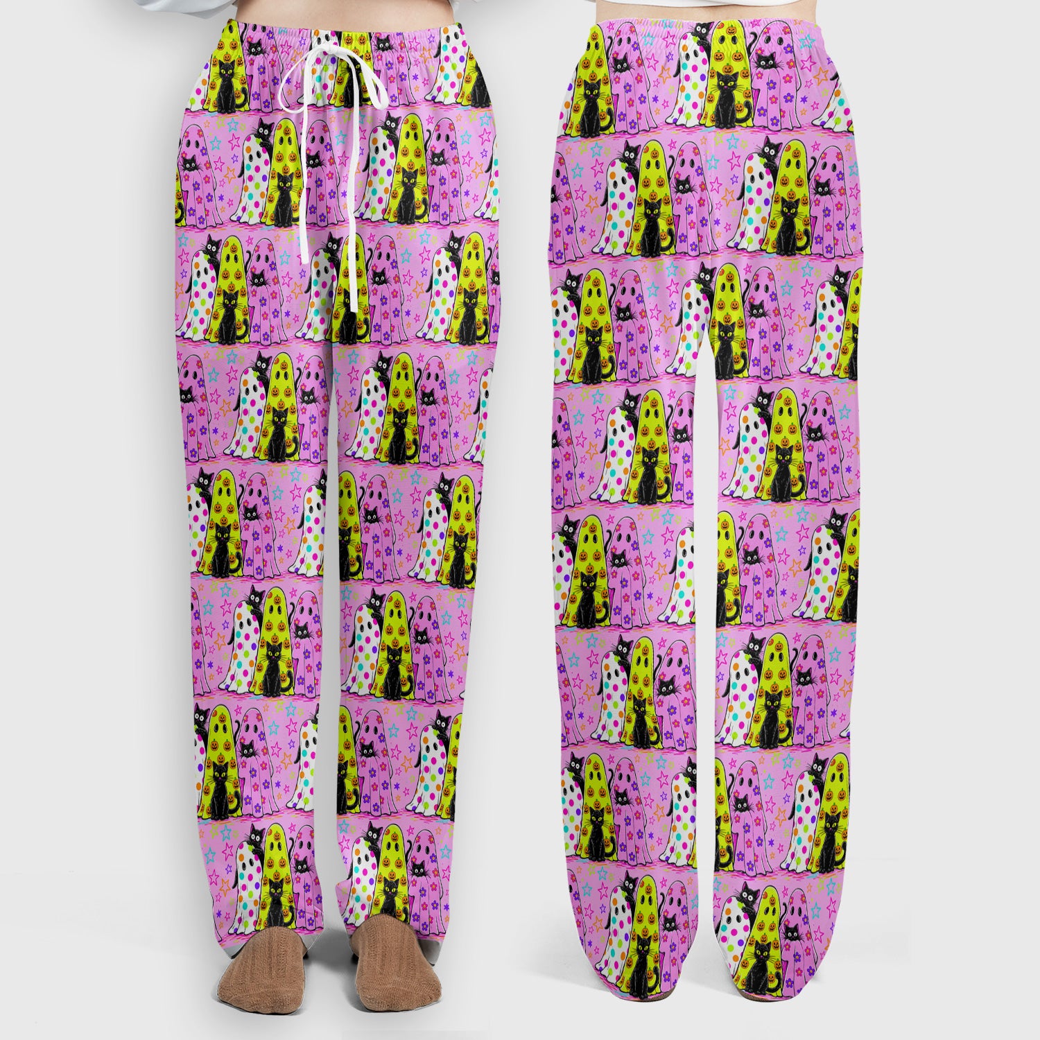 Spooky Halloween Ghost Cat Print Scrub Set, Scrub Pants and V Neck Top