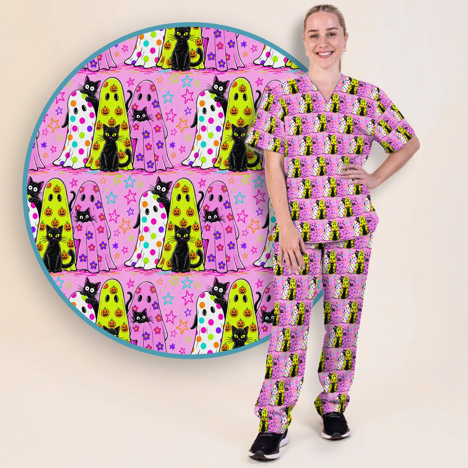 Spooky Halloween Ghost Cat Print Scrub Set, Scrub Pants and V Neck Top