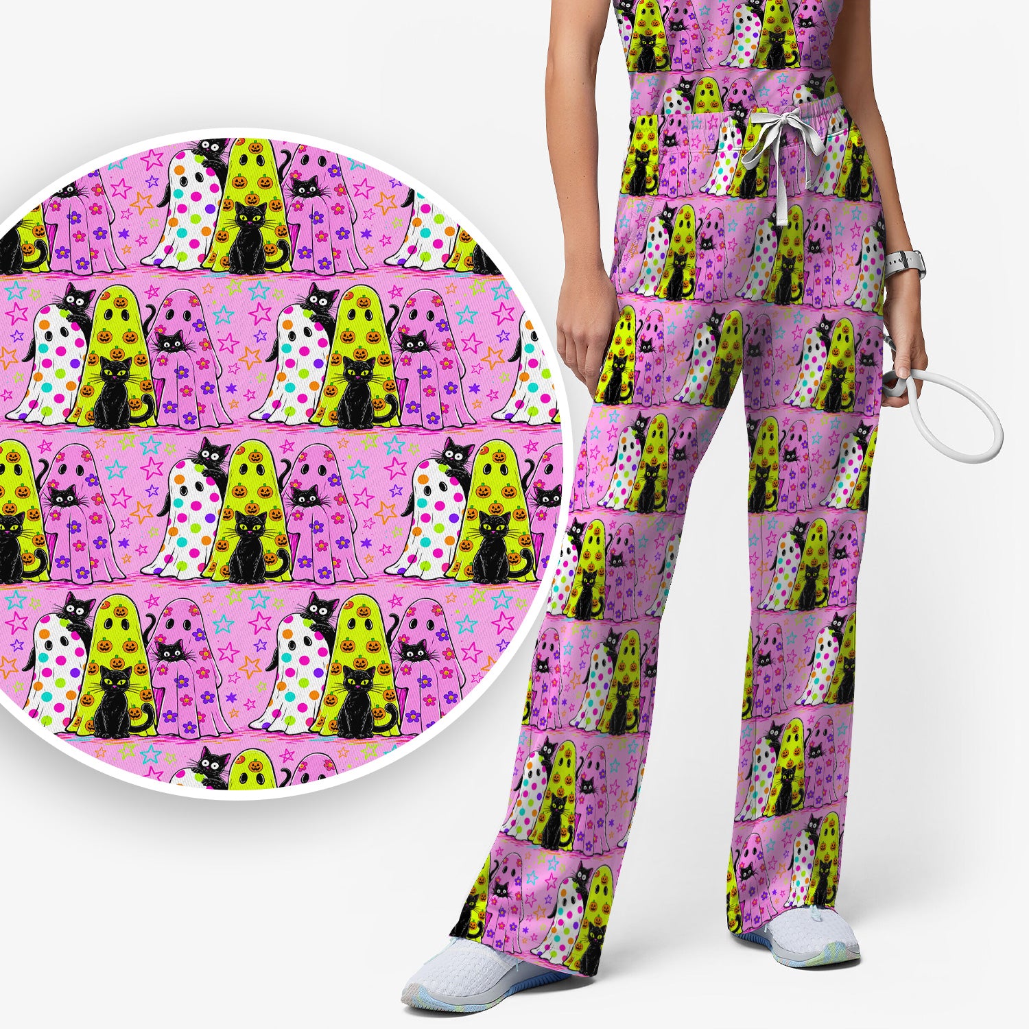 Spooky Halloween Ghost Cat Print Scrub Set, Scrub Pants and V Neck Top