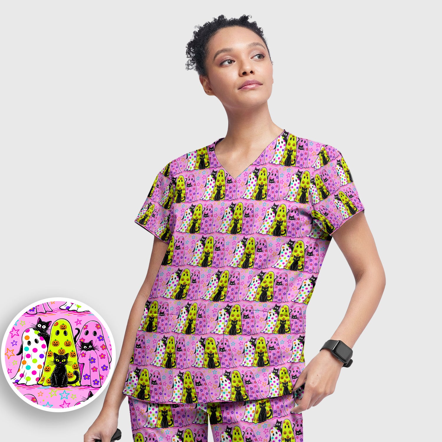 Spooky Halloween Ghost Cat Print Scrub Set, Scrub Pants and V Neck Top