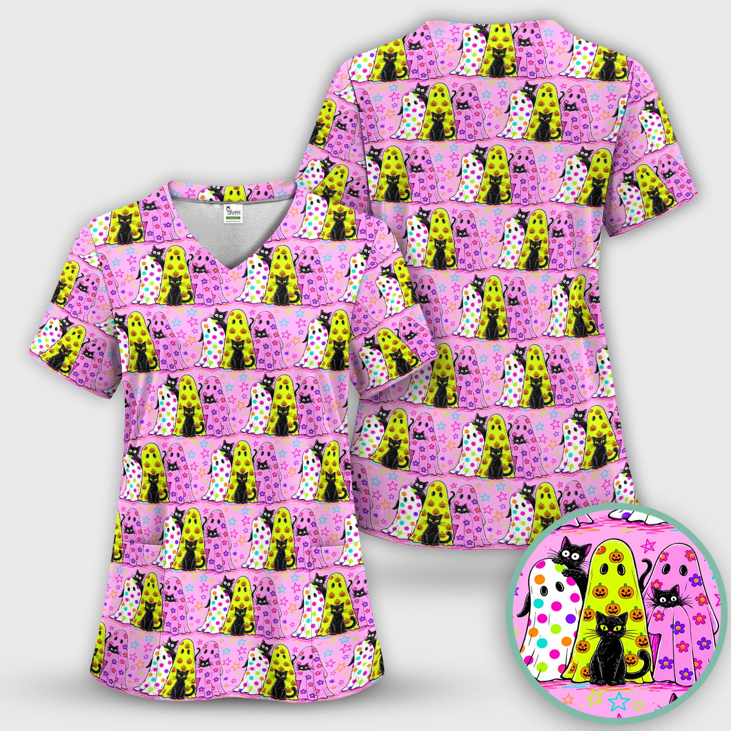 Spooky Halloween Ghost Cat Print Scrub Set, Scrub Pants and V Neck Top