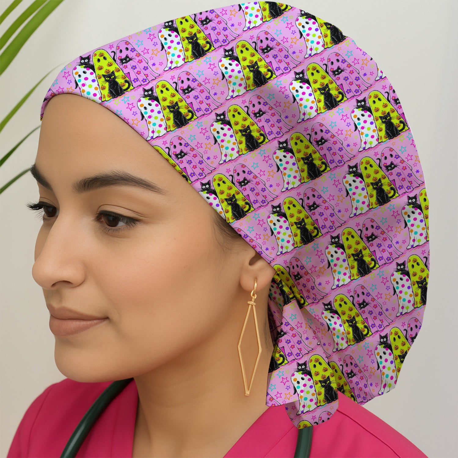 Spooky Halloween Ghost Cat Print Scrub Cap, Surgical Caps for Doctors