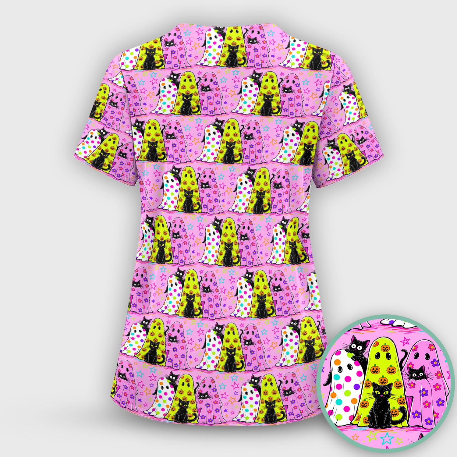 Spooky Halloween Ghost Cat Print Scrub Set, Scrub Pants and V Neck Top