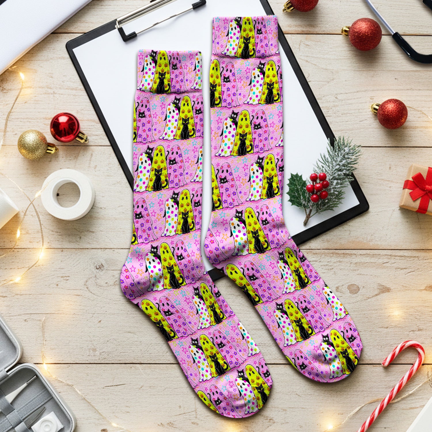 Spooky Halloween Ghost Cat Print Socks, Adult Socks for Men and Women