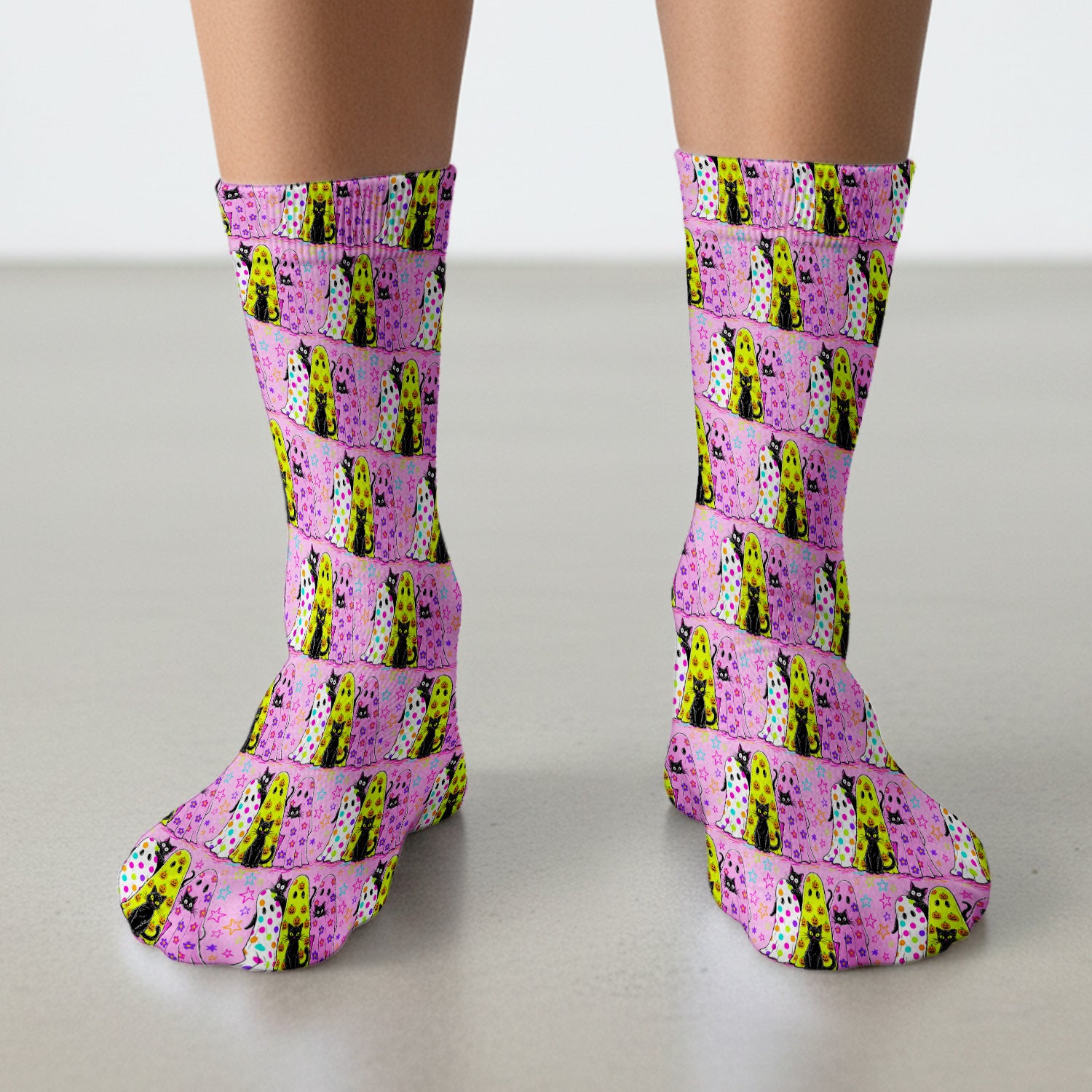 Spooky Halloween Ghost Cat Print Socks, Adult Socks for Men and Women