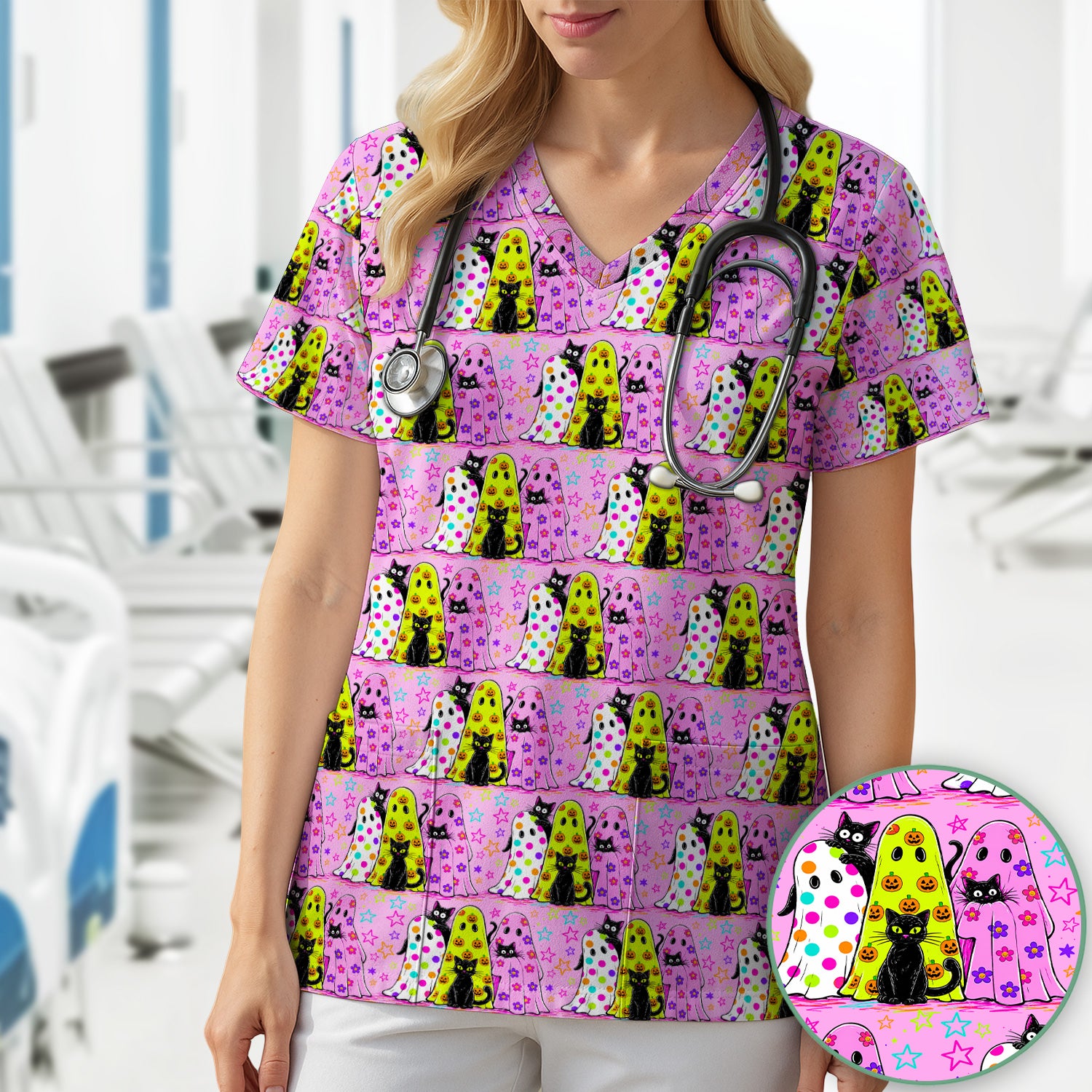 Spooky Halloween Ghost Cat Print Scrub Top, Comfortable Scrubs for Nurses