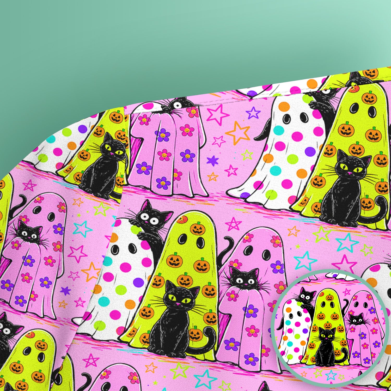 Spooky Halloween Ghost Cat Print Scrub Top, Comfortable Scrubs for Nurses